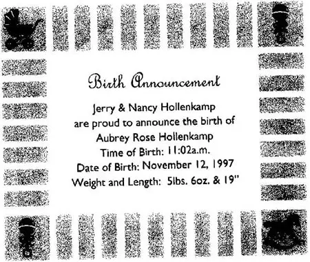 A birth announcement with black and white border.