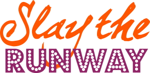 A purple and orange logo with the words play the runway.