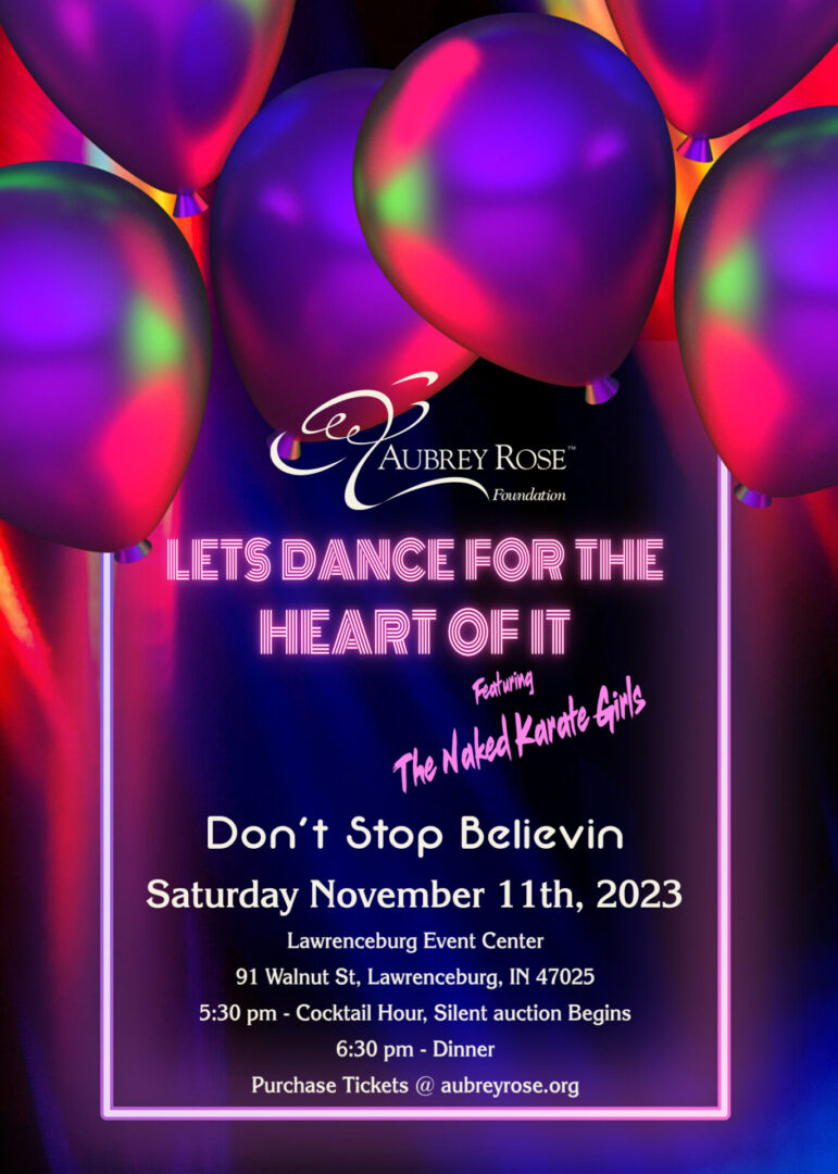 A poster for the event with balloons and purple balloons.